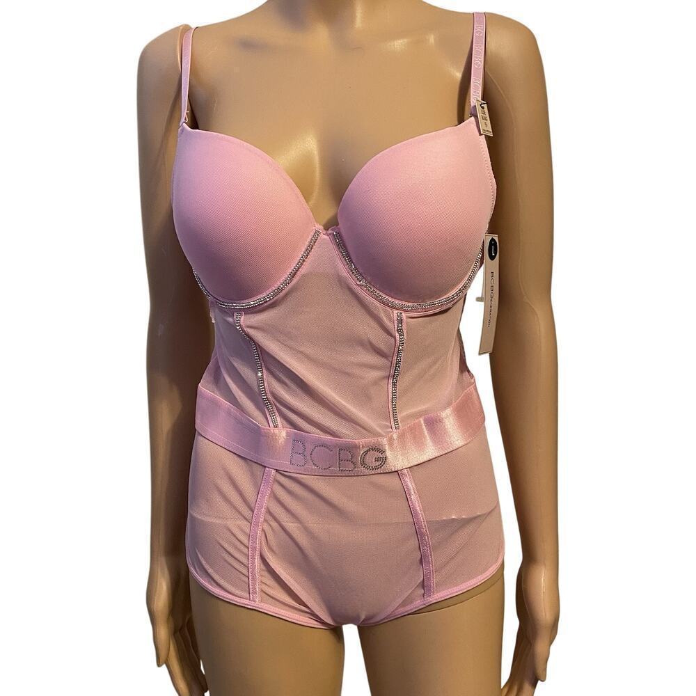 New BCBGenertion Pink Mesh Luxe Bling Pushup Bodysuit Top SzL Sexy Love Romantic